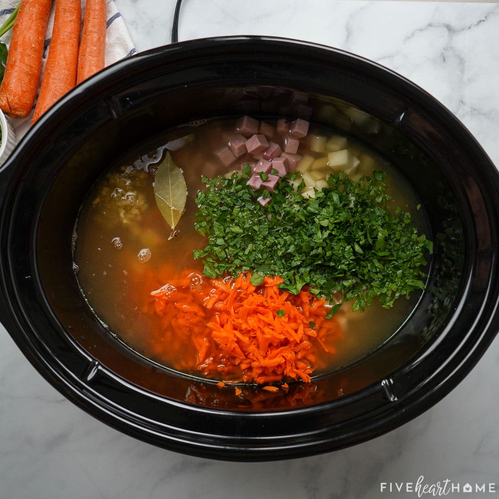 Crockpot Split Pea Soup ingredients ready to cook in slow cooker.