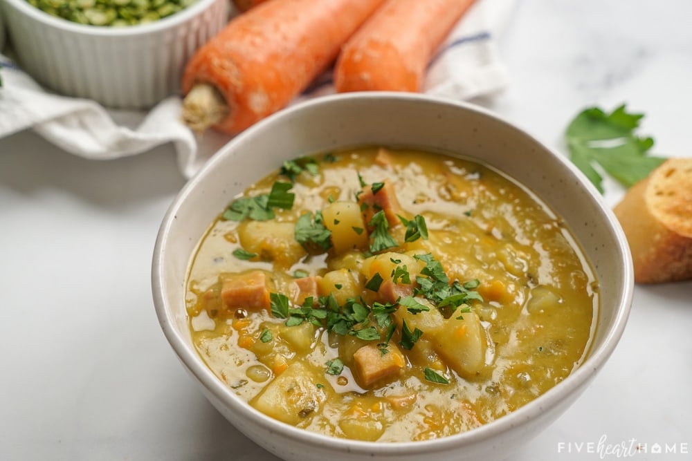 Split Pea Soup recipe with chunks of ham and potatoes.