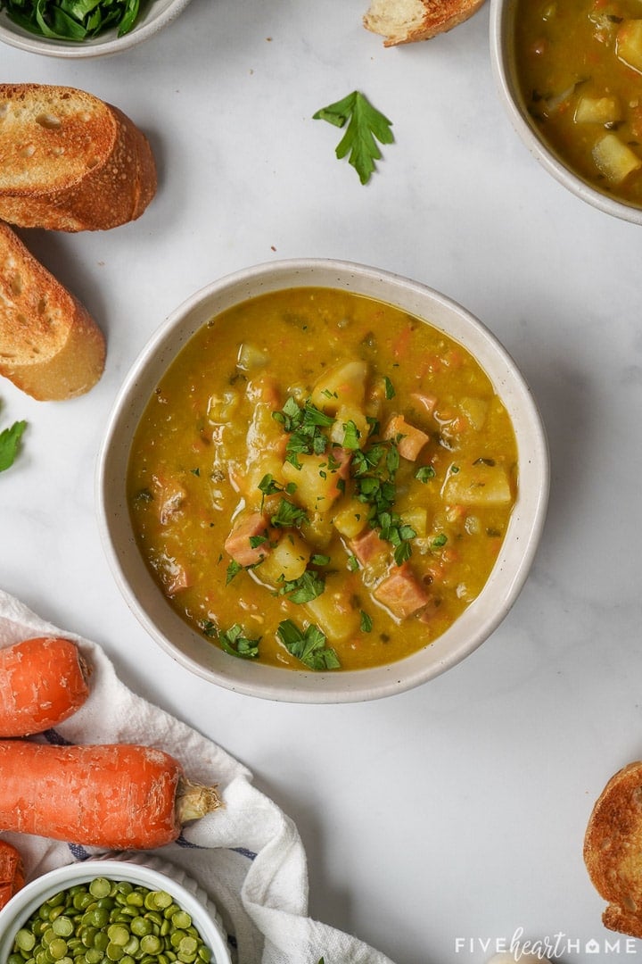 Aerial view of Split Pea Soup recipe in bowls.