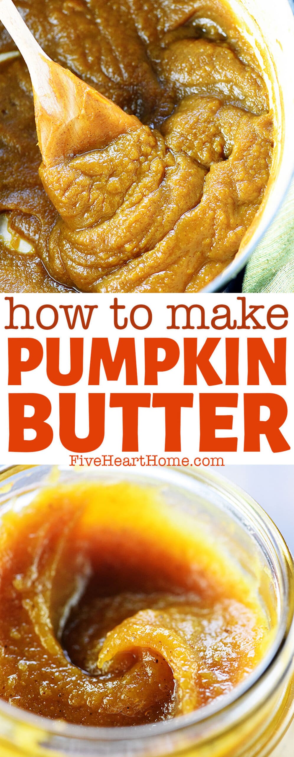 Pumpkin Butter ~ a healthy, creamy, homemade recipe that's easy to make and delicious slathered on toast and waffles or stirred into oatmeal and smoothies! | FiveHeartHome.com via @fivehearthome