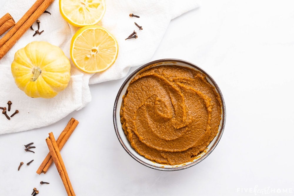 Aerial view of finished Pumpkin Butter recipe in bowl.