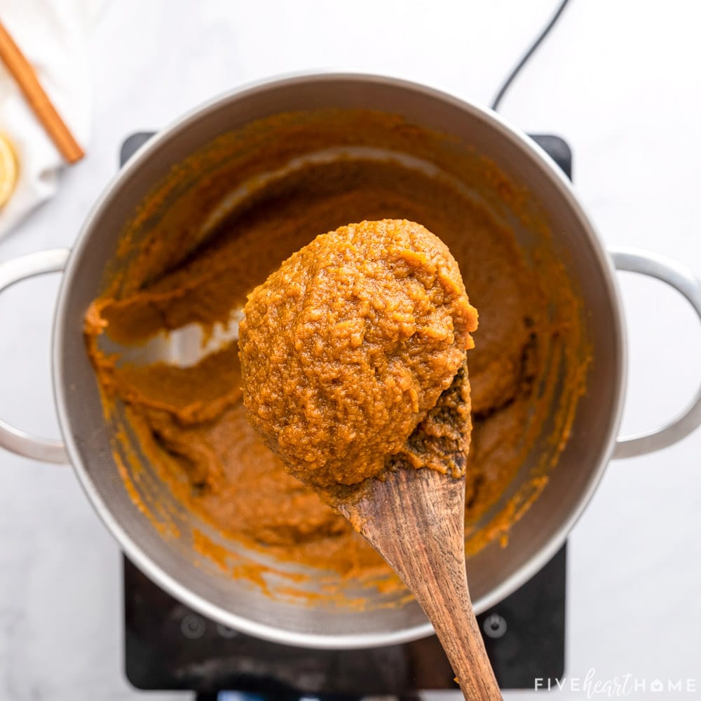 Homemade Pumpkin Butter recipe on wooden spoon.