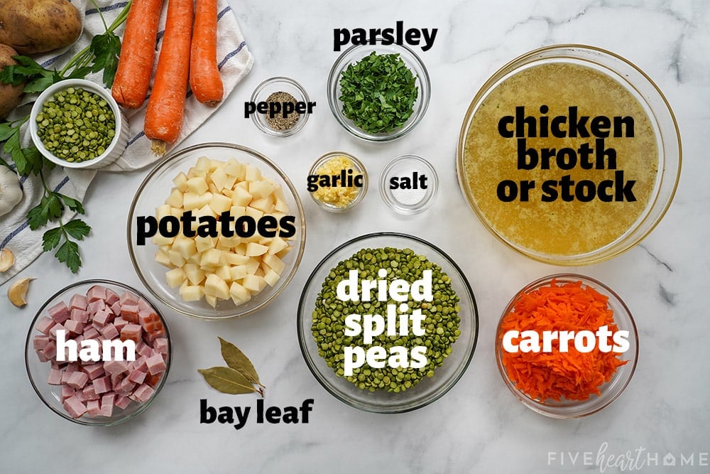 Aerial view of ingredients to make Crockpot Split Pea Soup recipe.