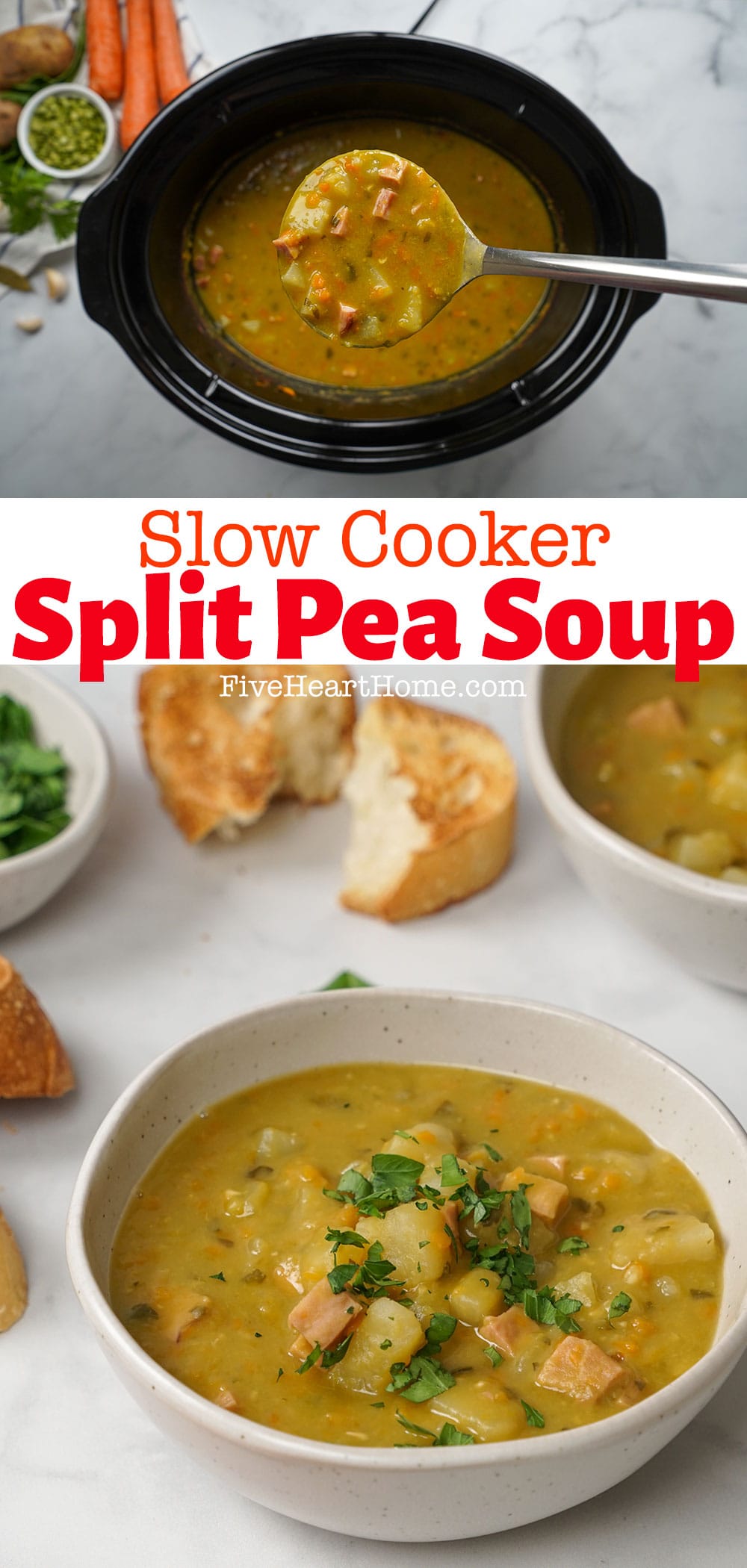 Slow Cooker Split Pea Soup ~ warm, comforting, and easy to make, this hearty crockpot soup is loaded with ham, potatoes, and carrots! | FiveHeartHome.com via @fivehearthome