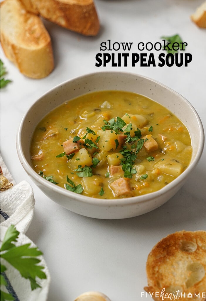 Slow Cooker Split Pea Soup with text overlay.