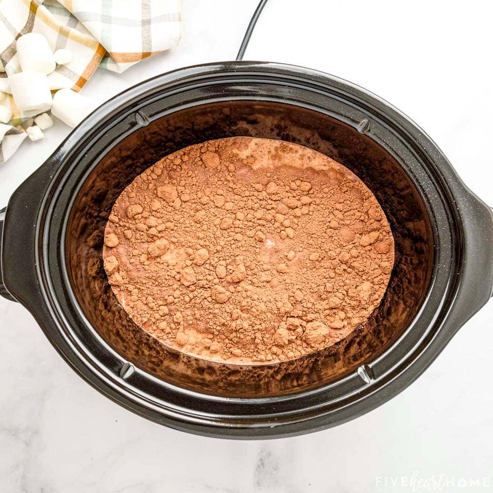 Adding cocoa powder to milk in slow cooker.