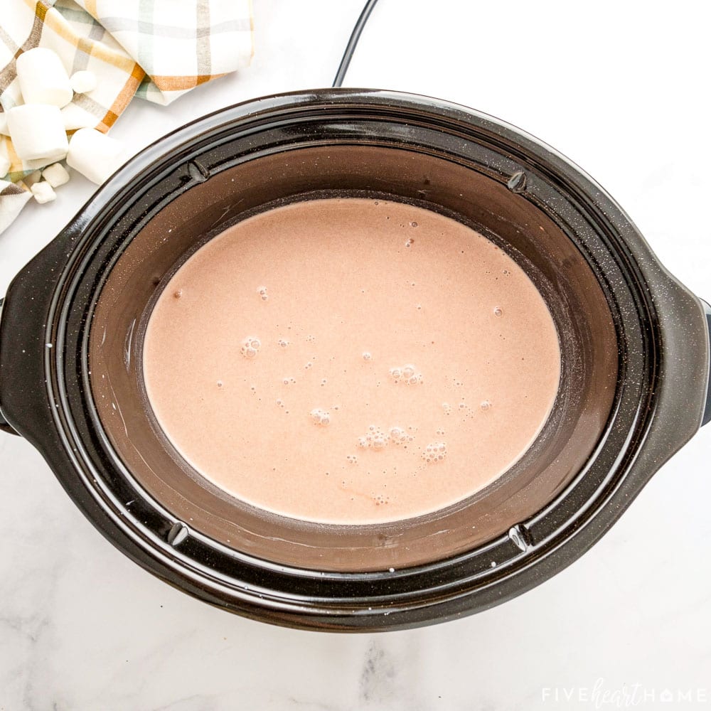 Cocoa powder whisked into milk for slow cooker hot chocolate.