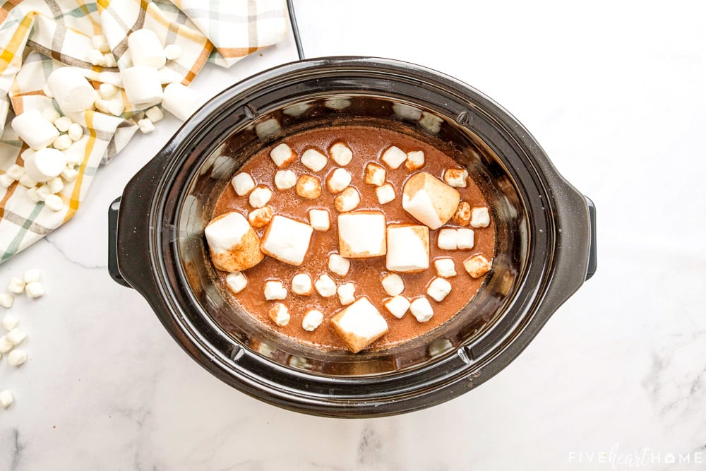 Crockpot Hot Chocolate with marshmallows on top.