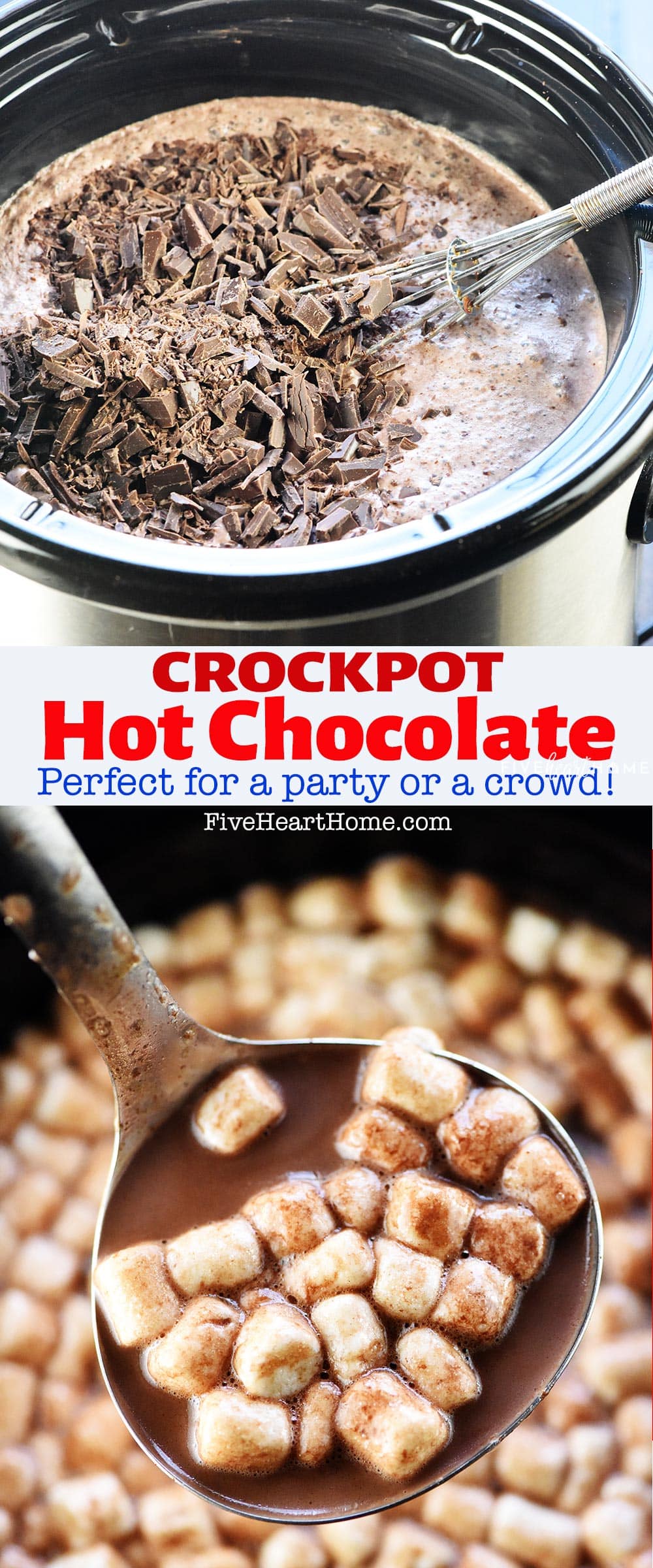 Crockpot Hot Chocolate ~ the easiest way to make a big batch of rich, decadent slow cooker hot chocolate for a crowd...and four flavor variations make it extra yummy! | FiveHeartHome.com via @fivehearthome