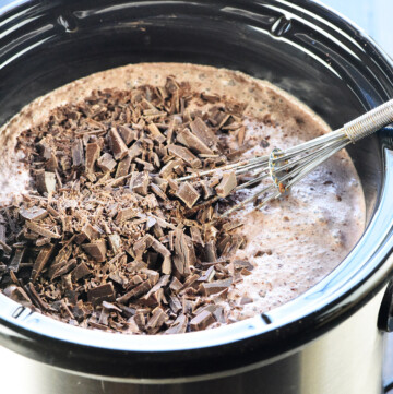 Crockpot Hot Chocolate ingredients in a slow cooker.