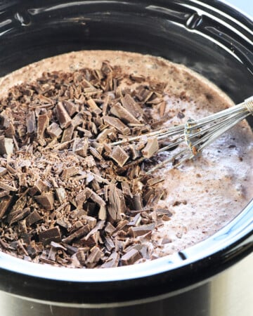 Crockpot Hot Chocolate ingredients in a slow cooker.