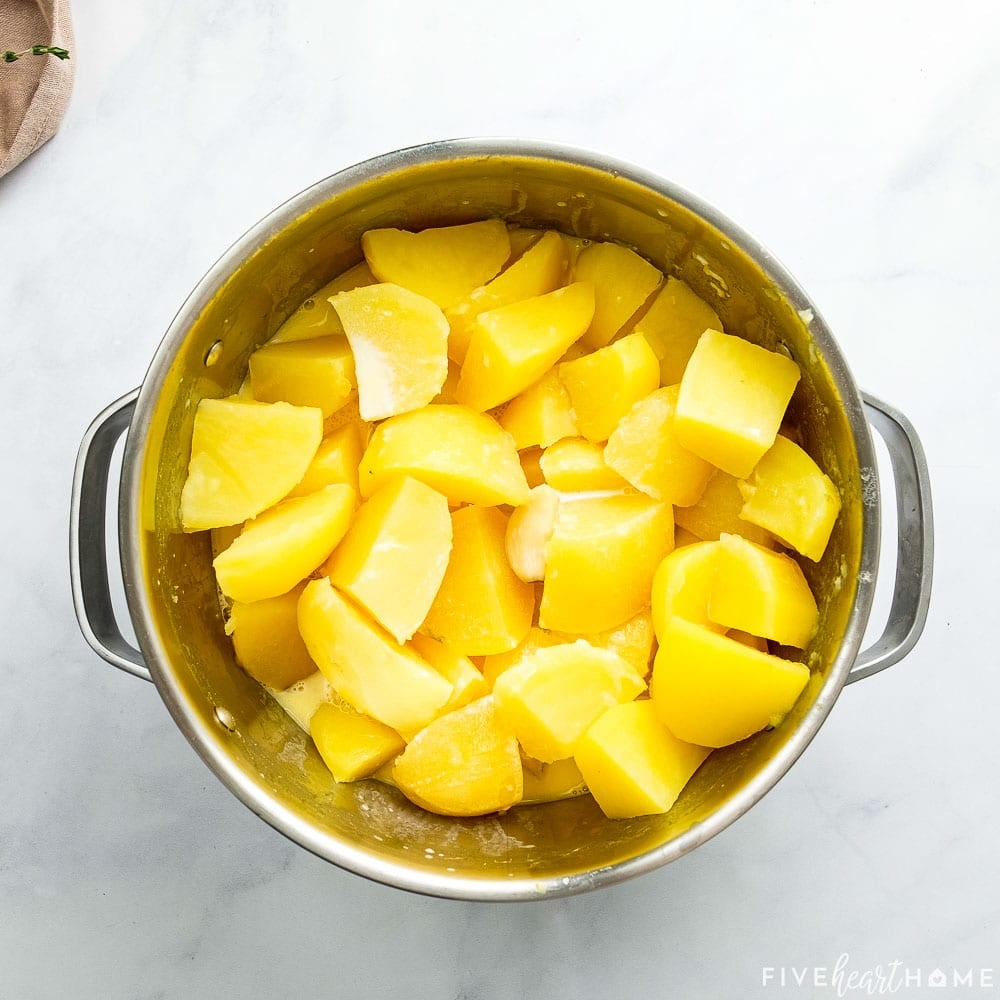 Drained cooked potatoes in pot.