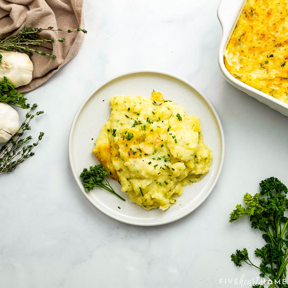 Overhead view of serving of Make Ahead Mashed Potatoes on plate.