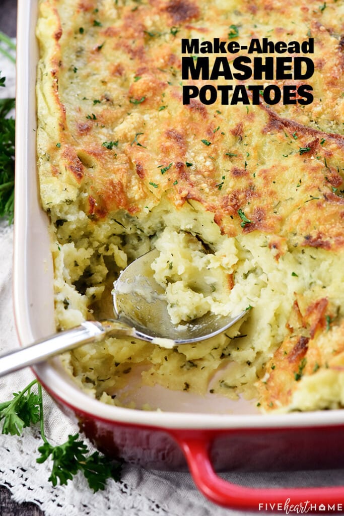Make-Ahead Mashed Potatoes recipe with text overlay.