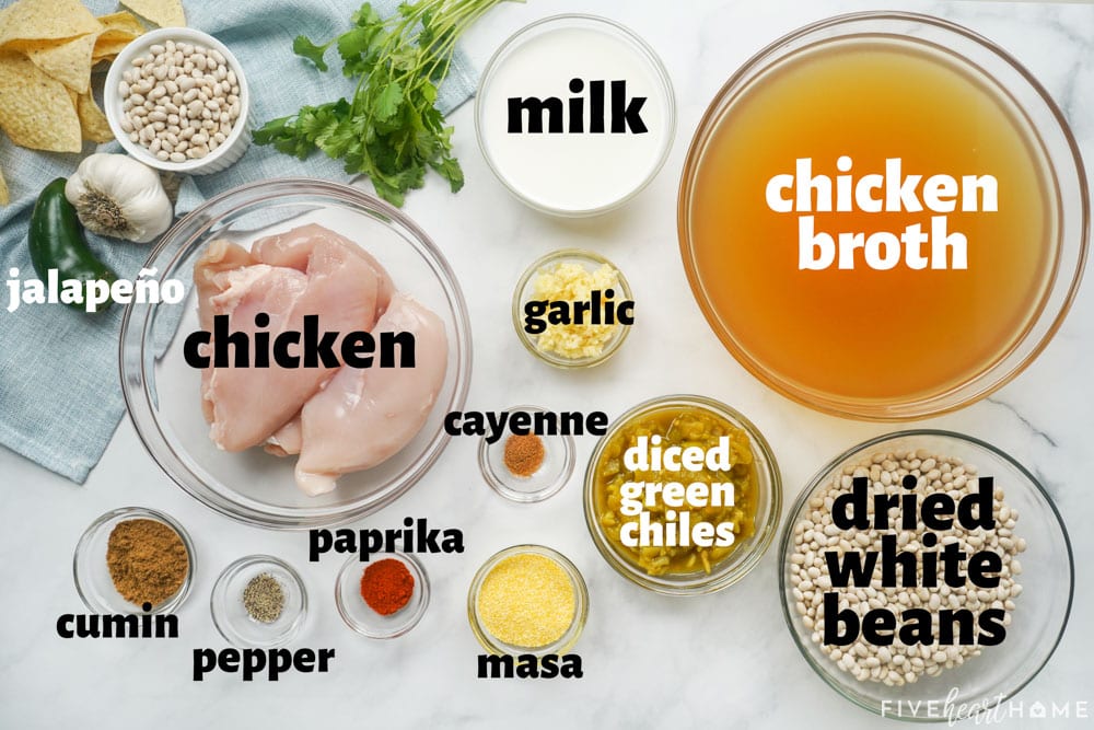 Labeled ingredients to make Slow Cooker White Bean Chicken Chili.