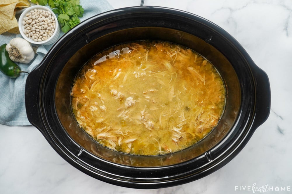 Aerial view of Crockpot White Bean Chicken Chili in slow cooker.