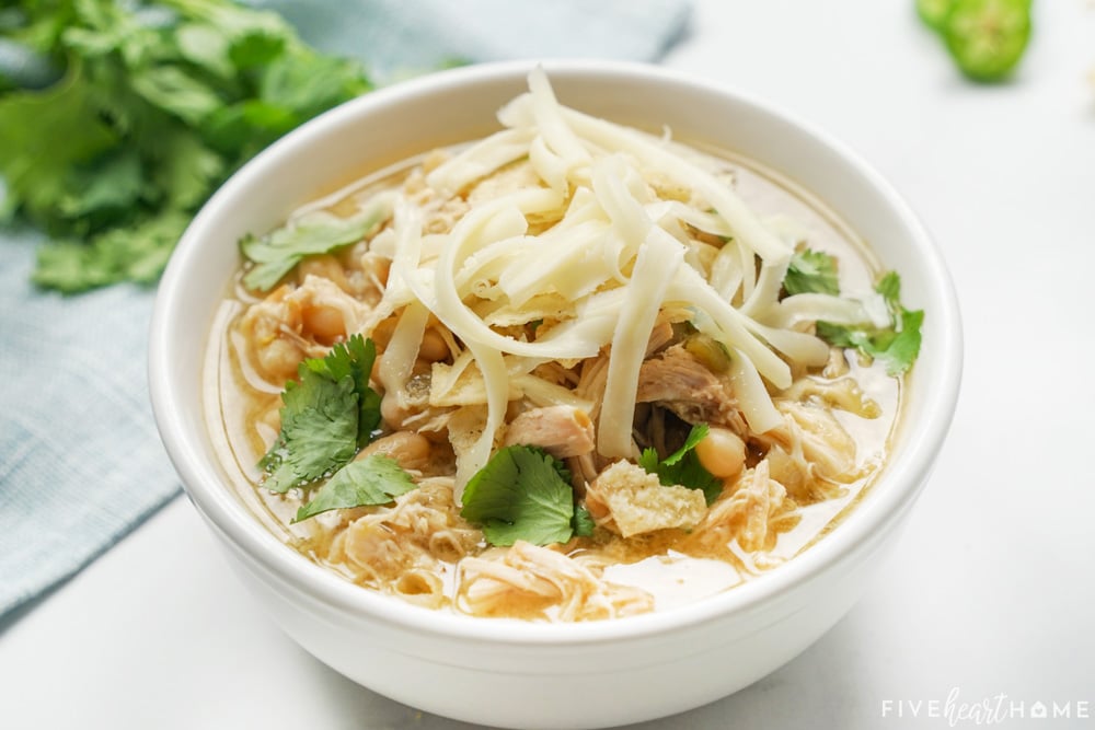 Close-up of bowl of White Bean Chicken Chili.