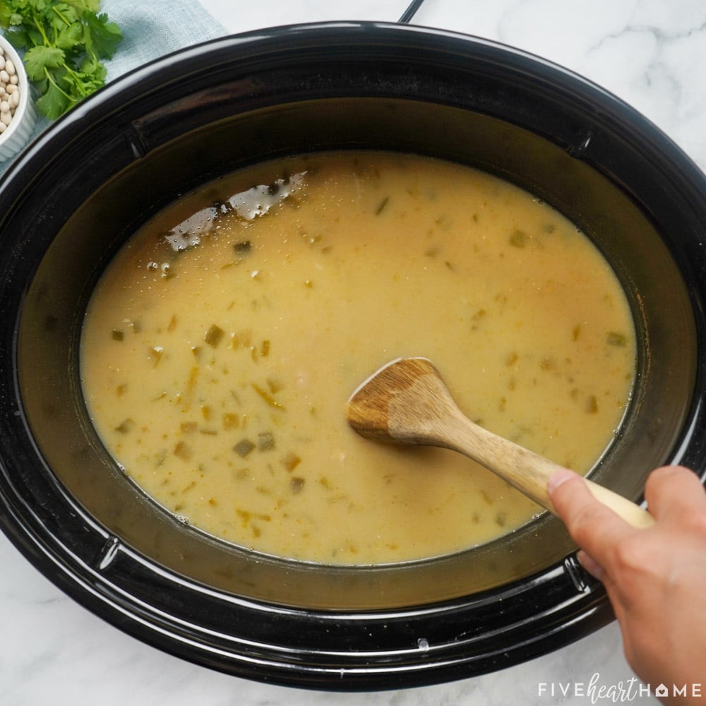 Stirring Slow Cooker White Bean Chicken Chili in crockpot.