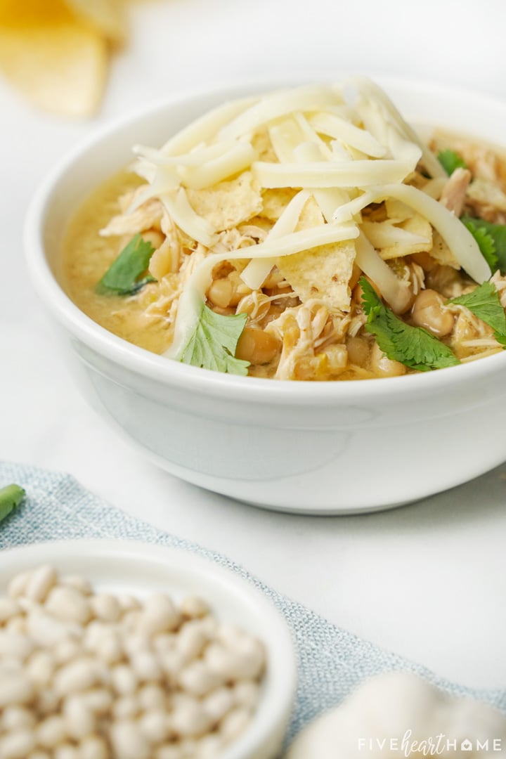 White Bean Chicken Chili recipe garnished with cheese and cilantro.