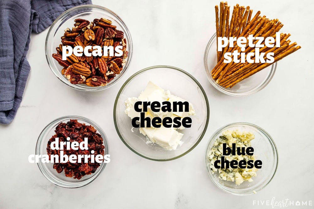 Labeled ingredients to make Mini Cheese Balls.