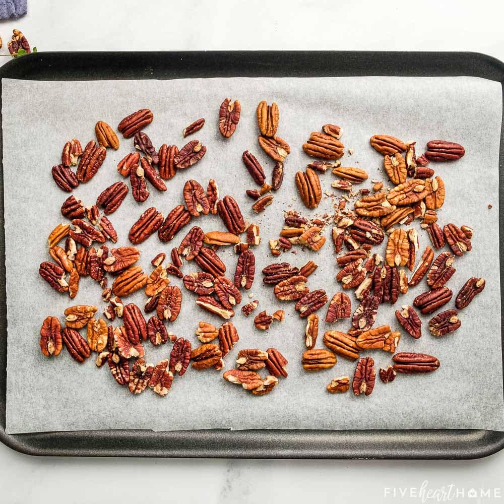 Toasted pecans on sheet pan.