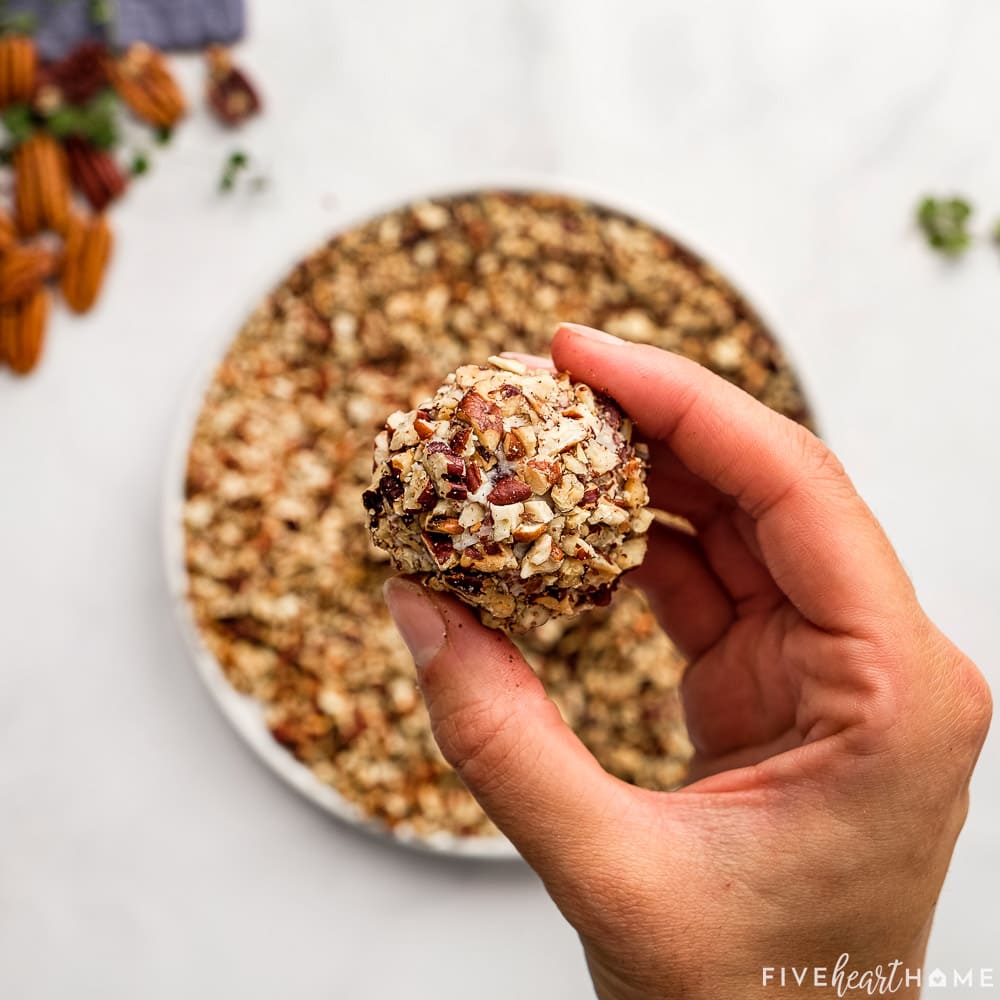 Mini Cheese Ball Bite ready to skewer with pretzel.