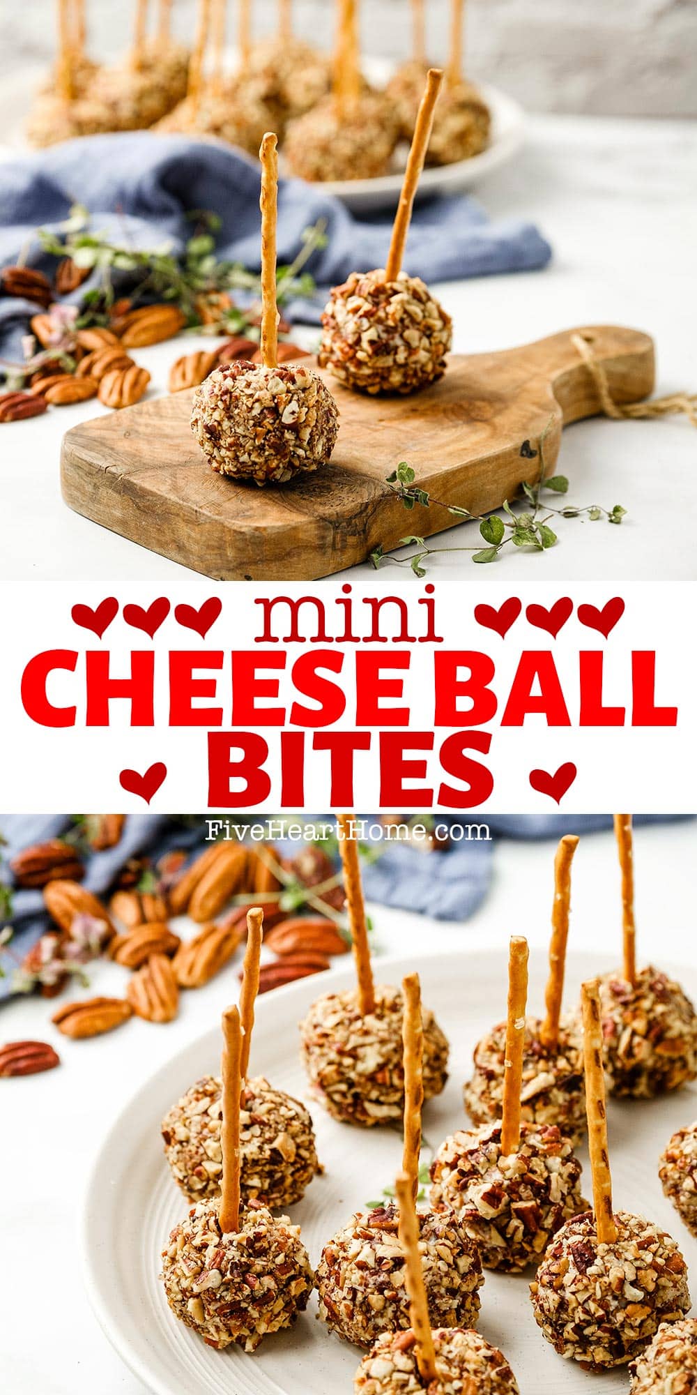 Mini Cheese Ball Bites ~ studded with dried cranberries and blue cheese, rolled in toasted pecans, and skewered with pretzel sticks, these cute mini cheese balls make a fun and easy party appetizer! | FiveHeartHome.com via @fivehearthome