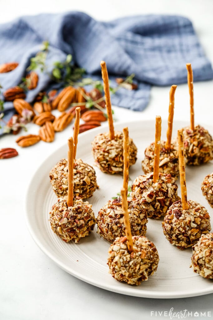 Mini Cheese Balls on white platter.