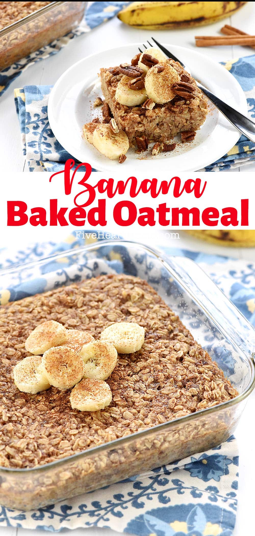 Banana Baked Oatmeal ~ boasts the delicious flavor of banana bread, but made with wholesome oats, pecans, and coconut oil for a healthy, filling breakfast! | FiveHeartHome.com via @fivehearthome