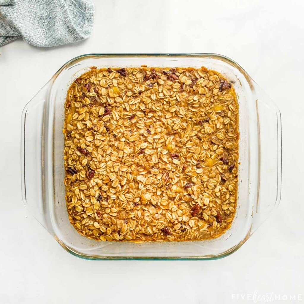 Pumpkin Pie Baked Oatmeal in baking dish straight out of oven.