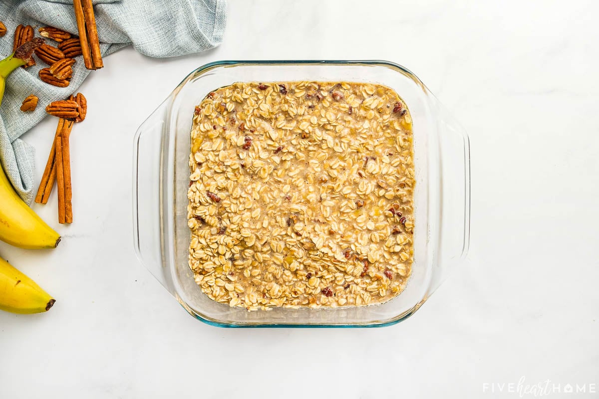 Banana oat bake in dish ready for the oven.