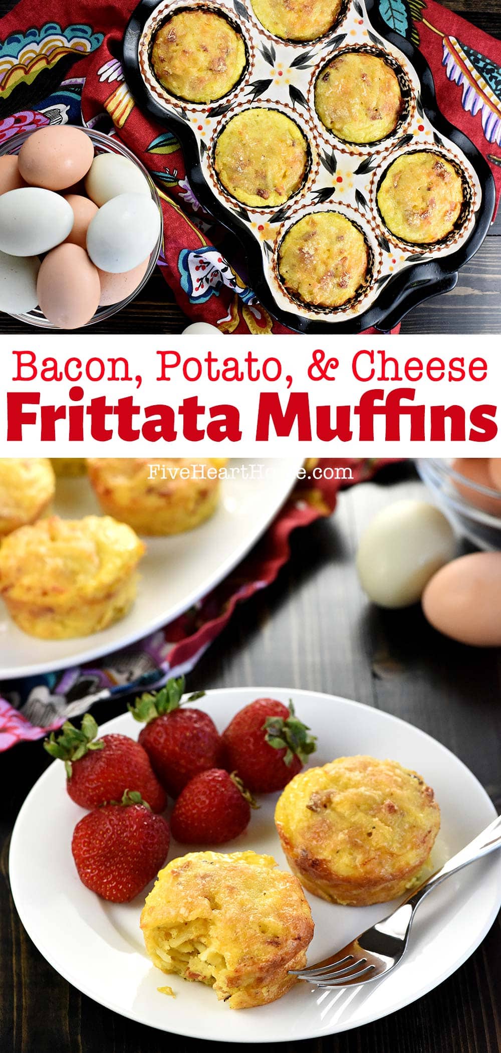 Frittata Muffins ~ quick and easy to make, featuring fluffy eggs, crispy bacon, hash browns, and cheese baked in muffin pans for a filling, protein-packed breakfast of mini frittatas! | FiveHeartHome.com via @fivehearthome