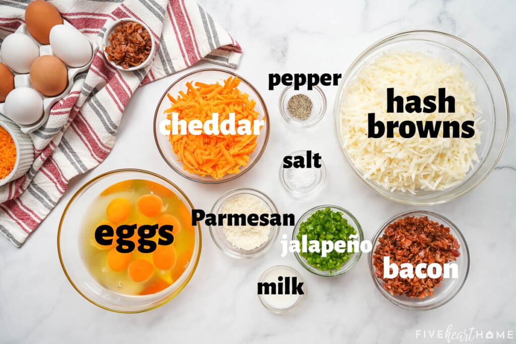 Aerial view of labeled ingredients to make Frittata Muffins.