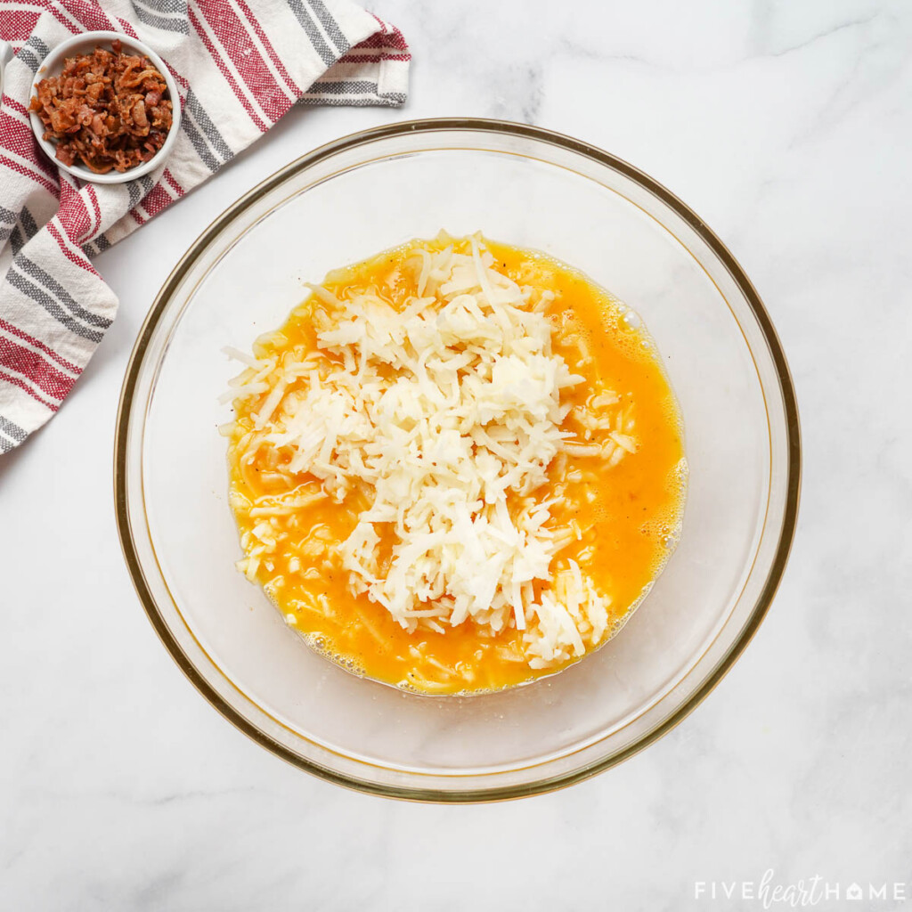 Hash browns stirred into eggs.