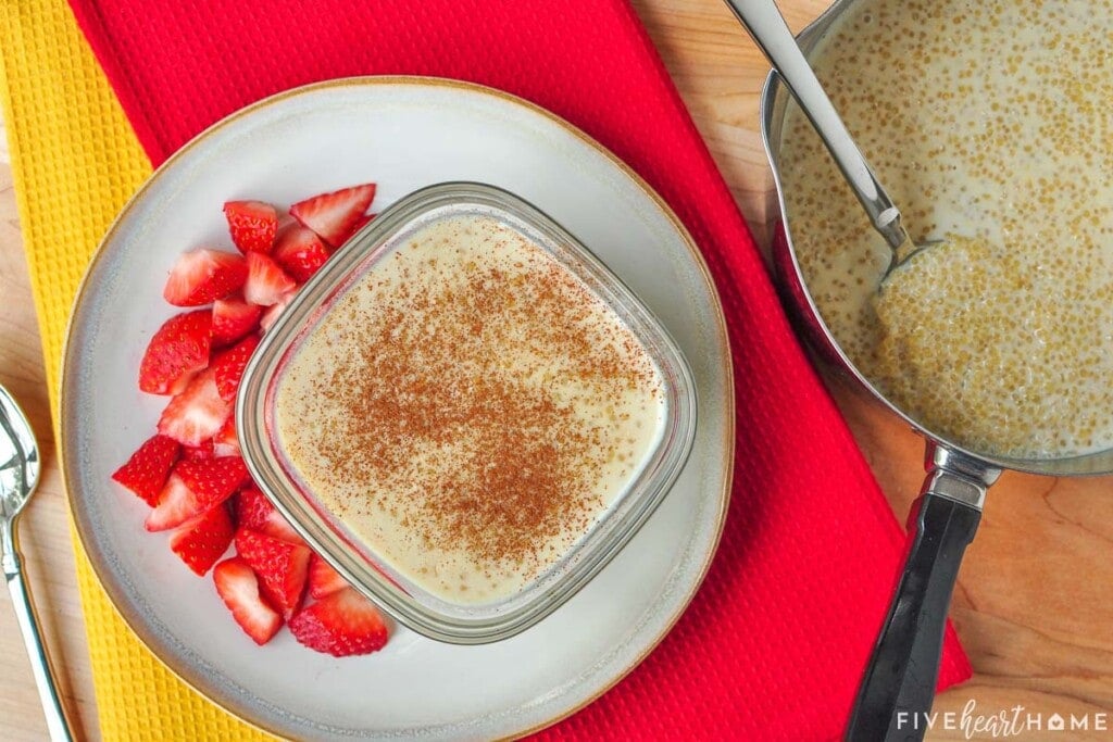 Aerial view of Quinoa Pudding in pot and serving bowl.