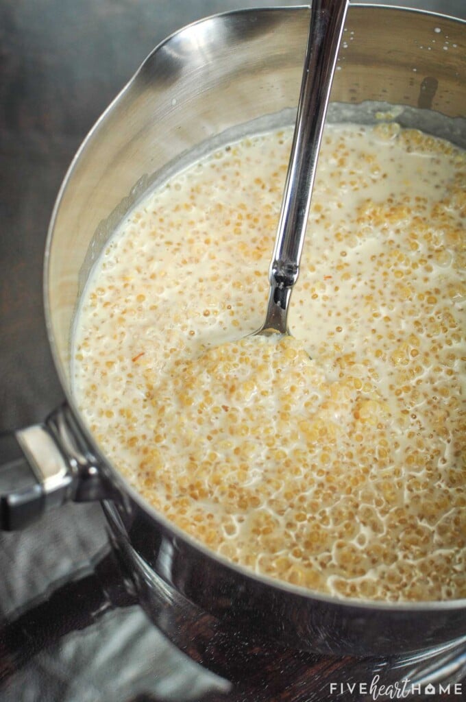 Pot of Quinoa Pudding recipe with spoon.