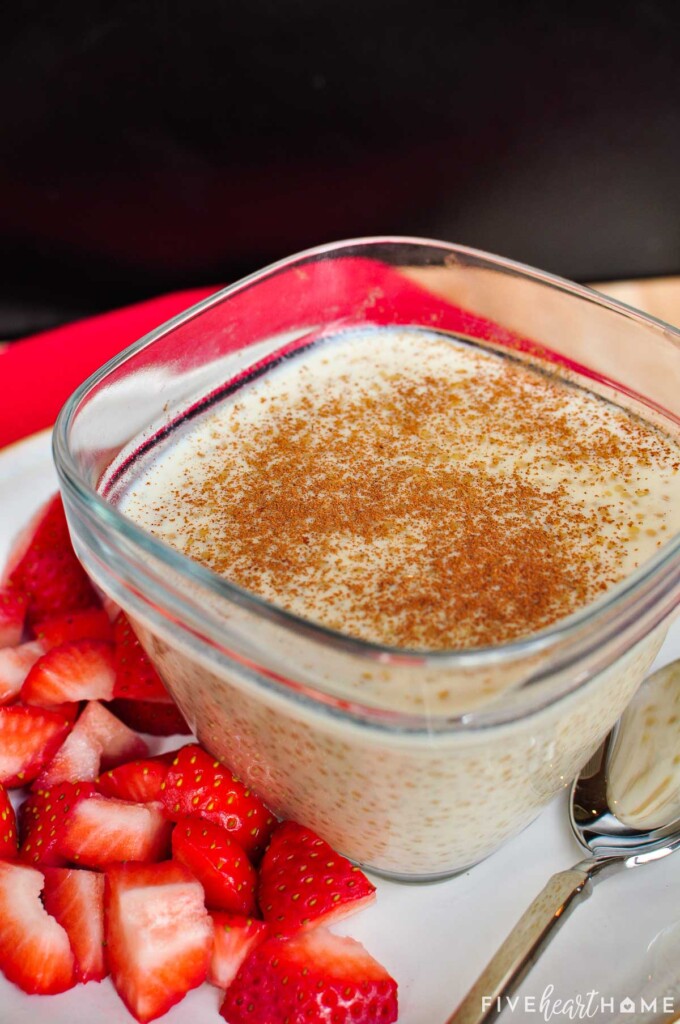 Quinao Pudding garnished with cinnamon.