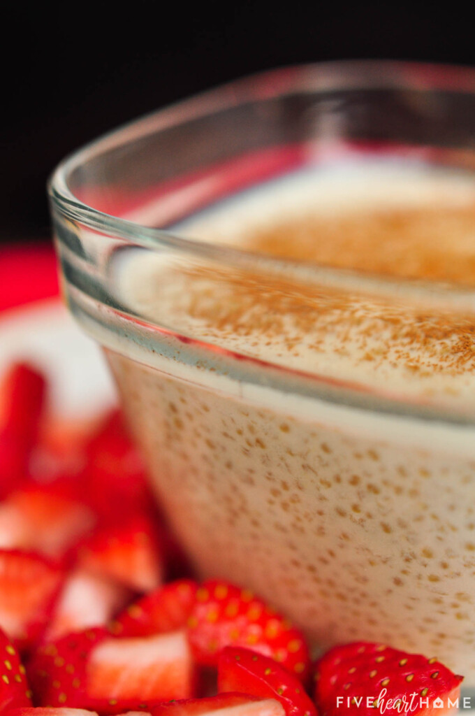 Close-up of Quinoa Pudding recipe in glass bowl.