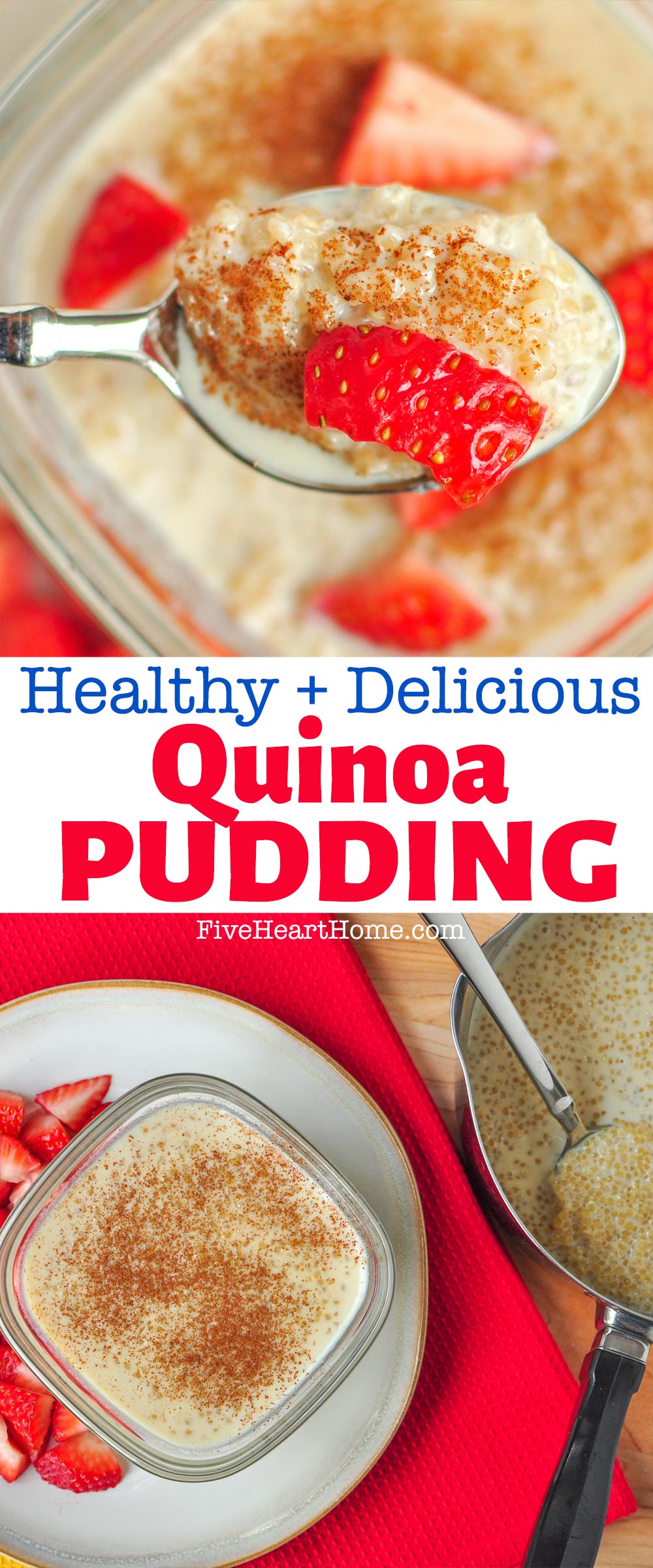 Quinoa Pudding ~ nutritious superfood quinoa is the star of this creamy, decadent, healthy pudding that tastes like a cross between rice pudding and tapioca! | FiveHeartHome.com via @fivehearthome