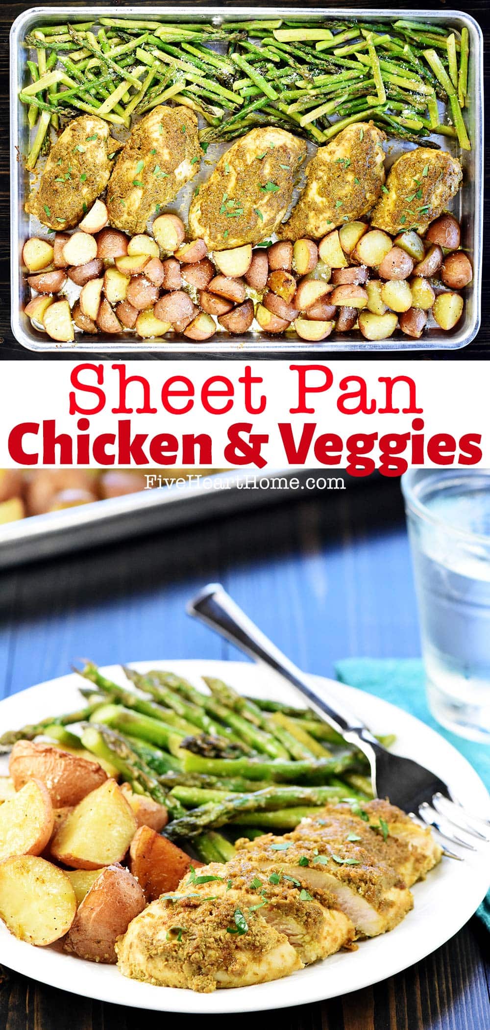 Sheet Pan Chicken and Veggies ~ a flavorful, quick and easy, complete dinner recipe that bakes up on just one pan, featuring pesto-coated chicken breasts and roasted potatoes and asparagus! | FiveHeartHome.com via @fivehearthome