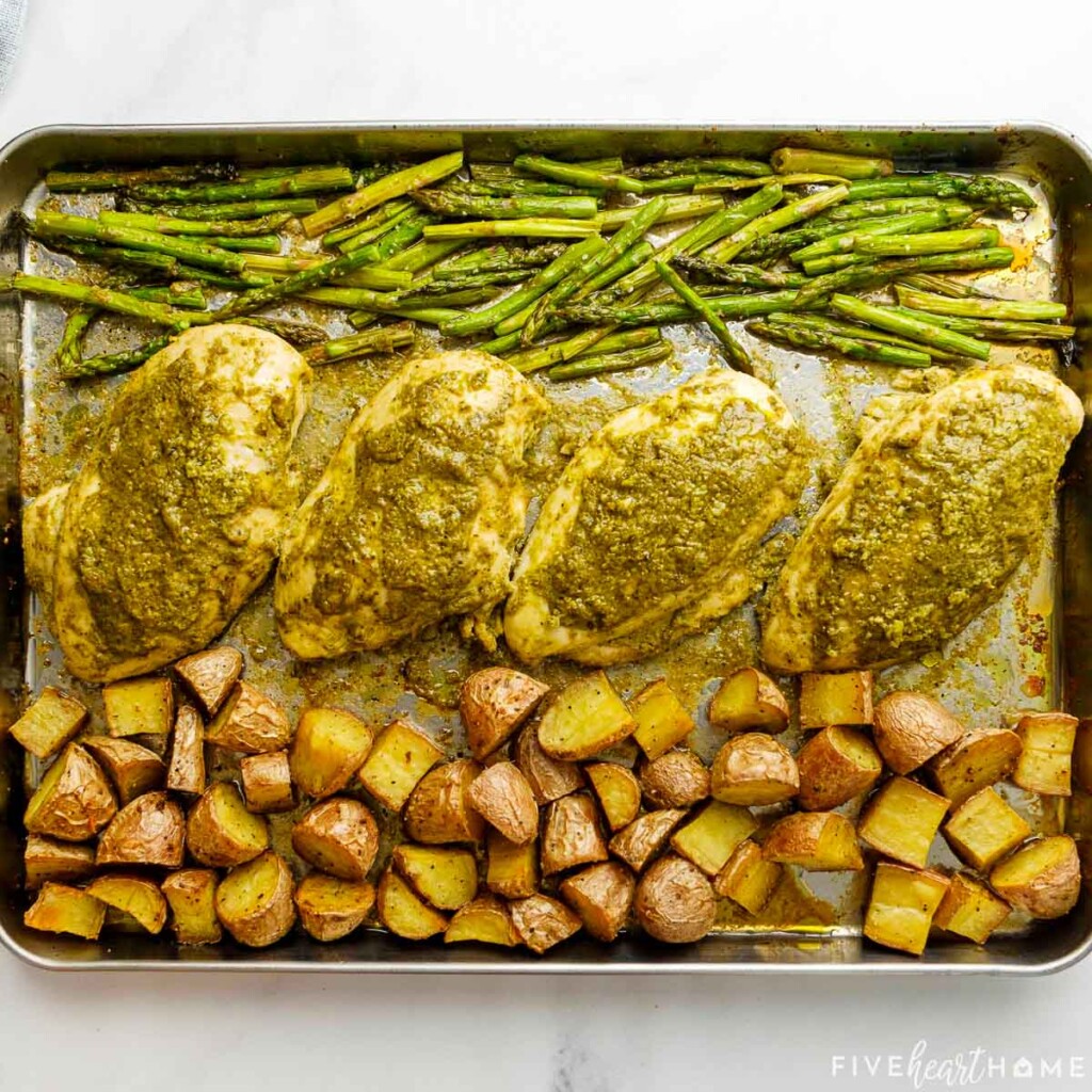 Sheet pan chicken with pesto, asparagus, and potatoes.