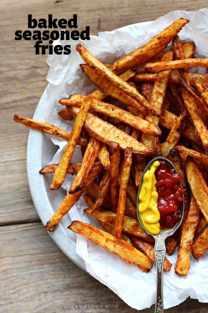 Baked Seasoned Fries with text overlay.