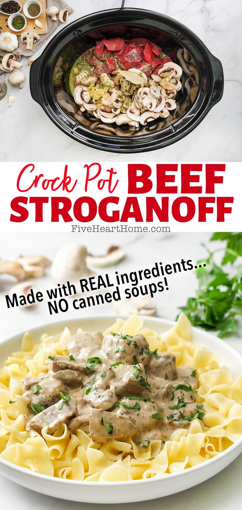 Crock Pot Beef Stroganoff ~ features tender chunks of beef and hearty mushrooms in an all-natural sour cream sauce for an easy, comforting slow cooker dinner made with real ingredients! | FiveHeartHome.com via @fivehearthome