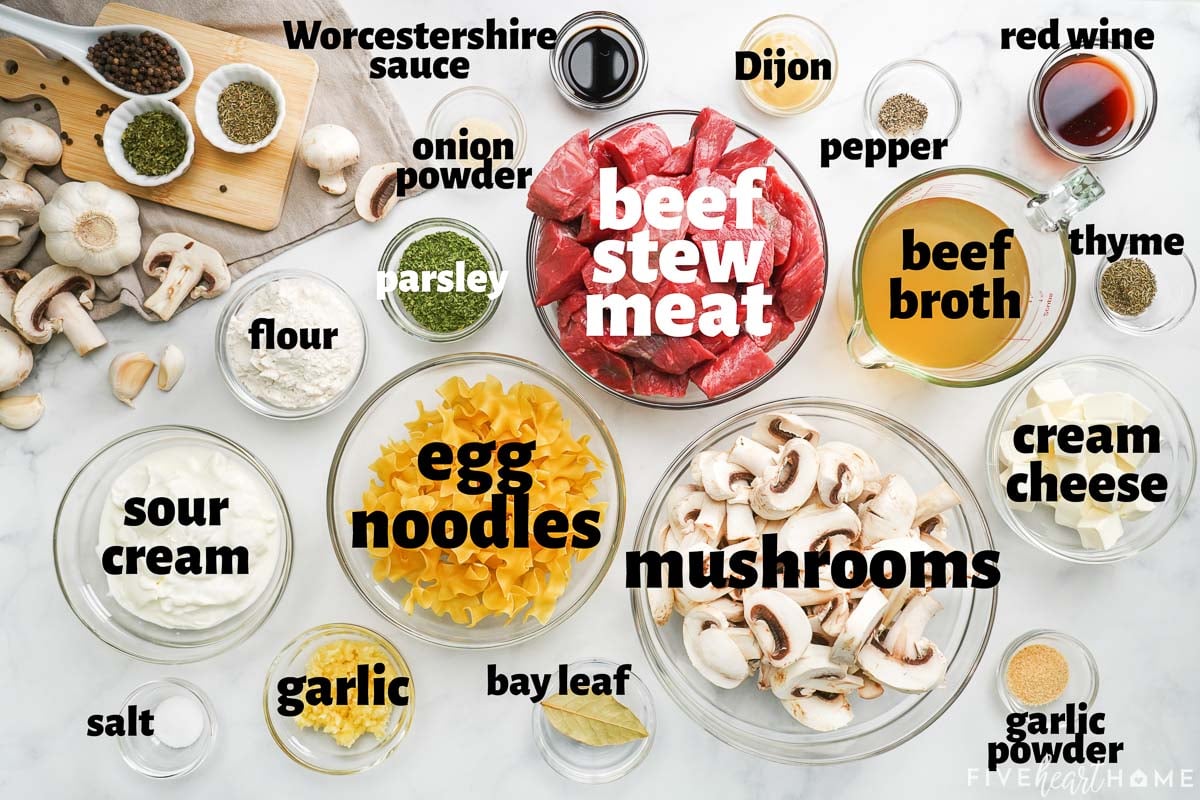 Labeled ingredients to make Crock Pot Beef Stroganoff recipe.