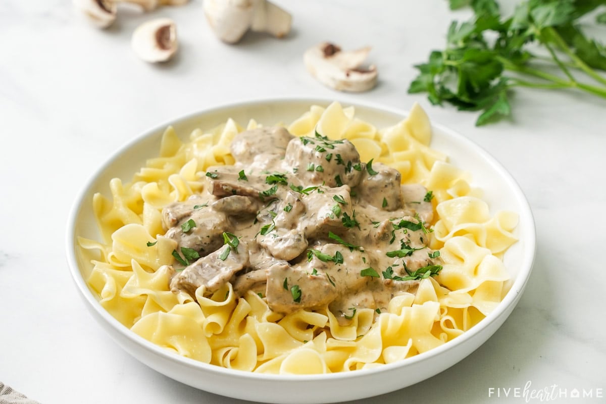 Close-up of Crock Pot Beef Stroganoff recipe in a bowl.