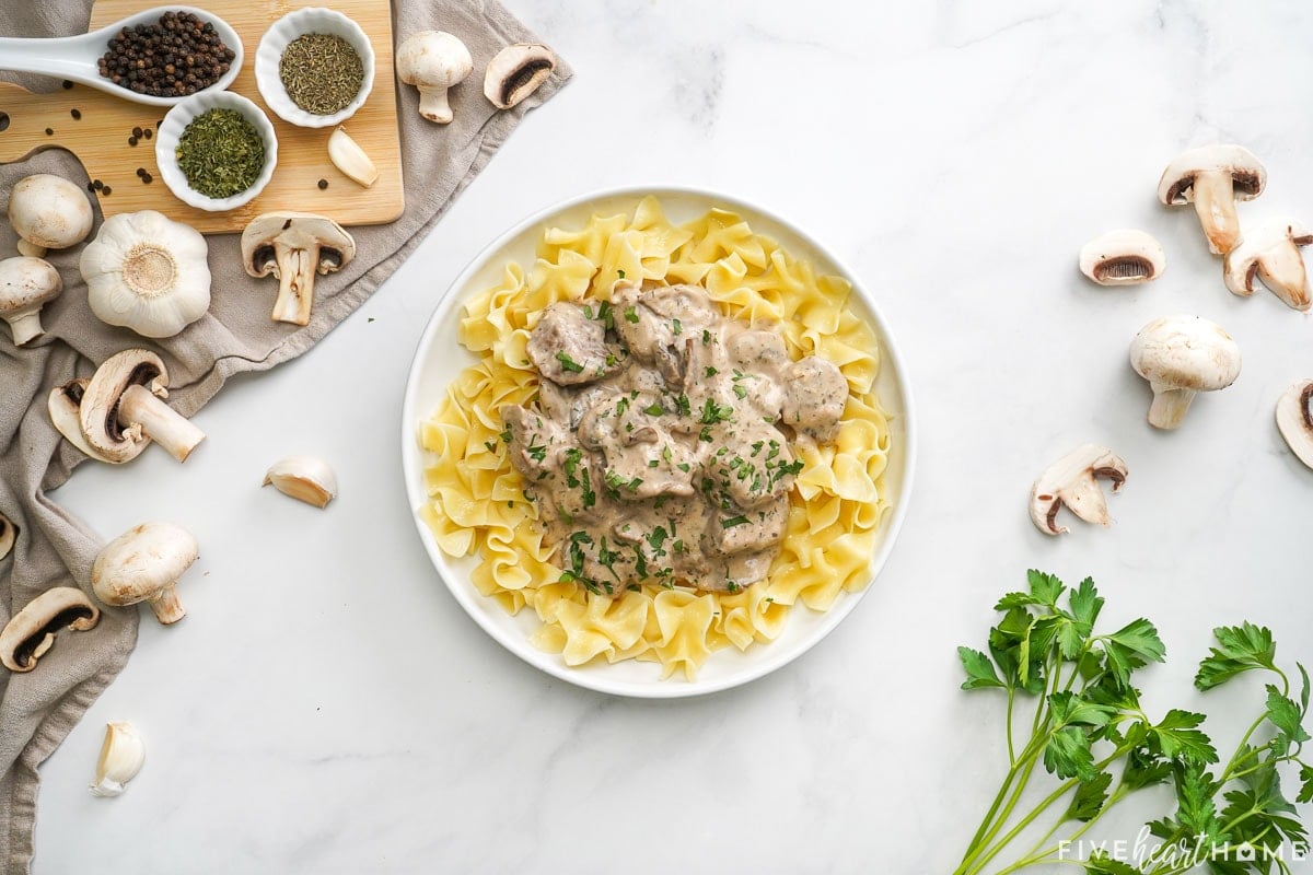 Aerial view of Crock Pot Beef Strognoff recipe over noodles on plate.