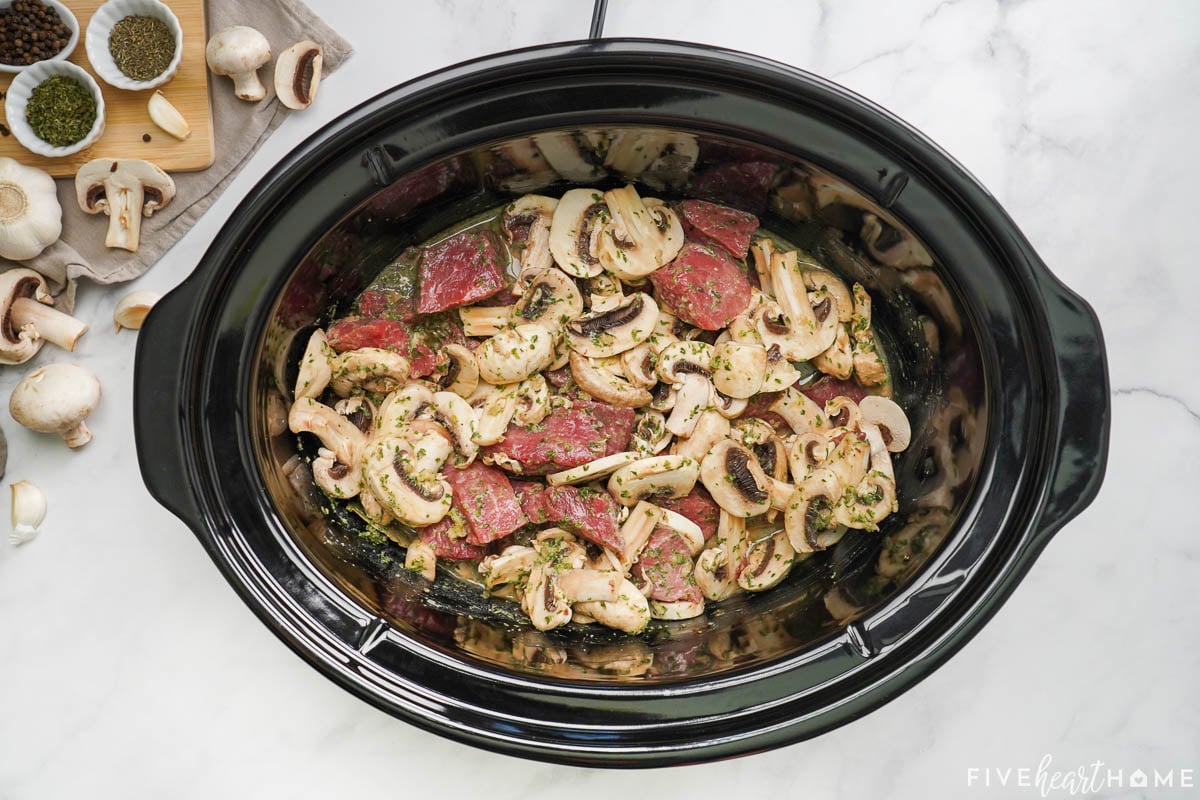 Beef Stroganoff Crock Pot ingredients combined and ready to cook.