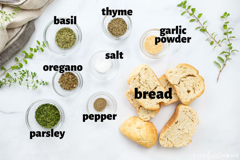 Aerial view of labeled ingredients to make Italian Bread Crumbs recipe.