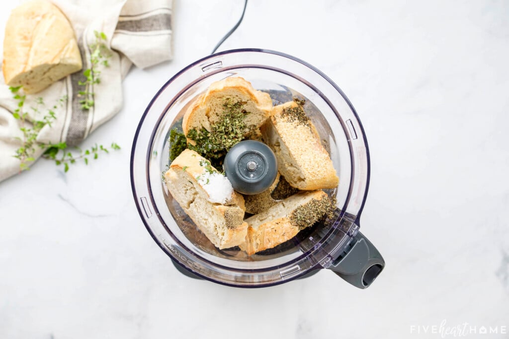 Ingredients in food processor to make Italian Breadcrumbs.