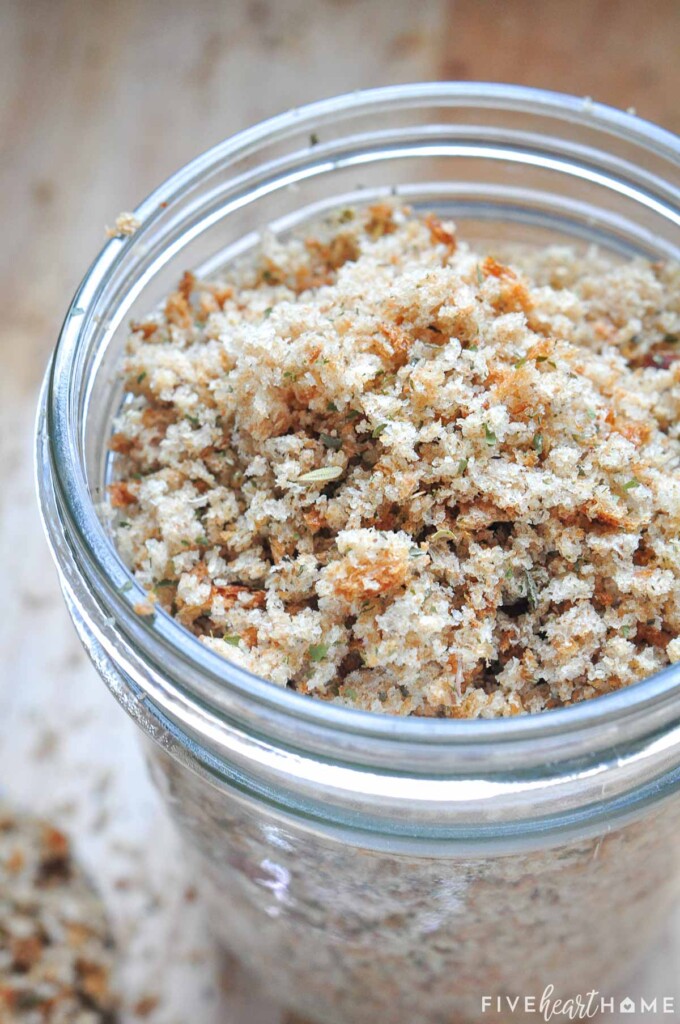 Close-up of Italian Bread Crumbs in jar.